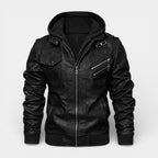 Hooded Vegan Leather Jacket Zip Front Regular Fit for Men