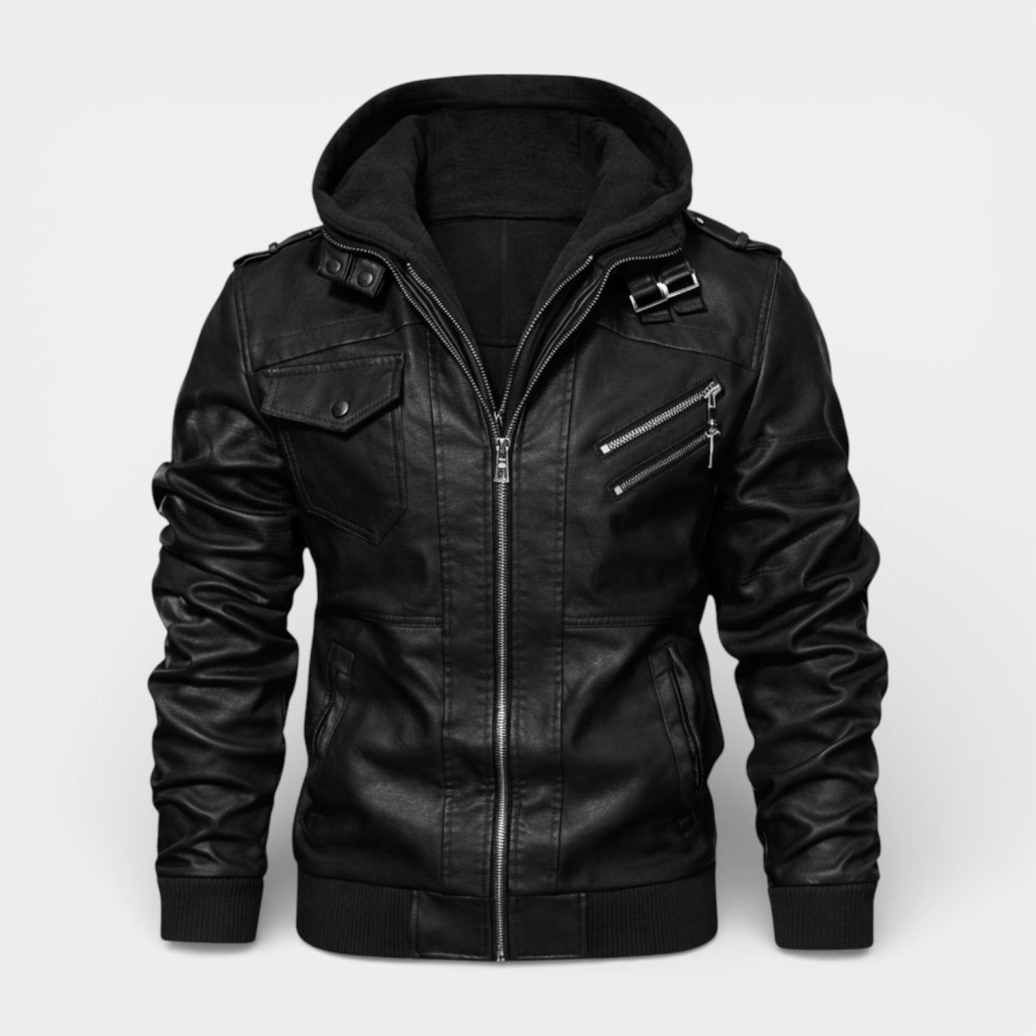 Hooded Vegan Leather Jacket Zip Front Regular Fit for Men