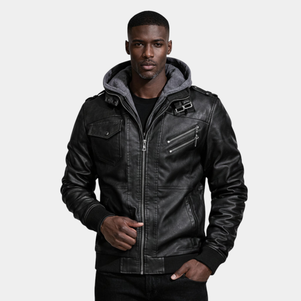 Hooded Vegan Leather Jacket Zip Front Regular Fit for Men