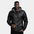 Hooded Vegan Leather Jacket Zip Front Regular Fit for Men