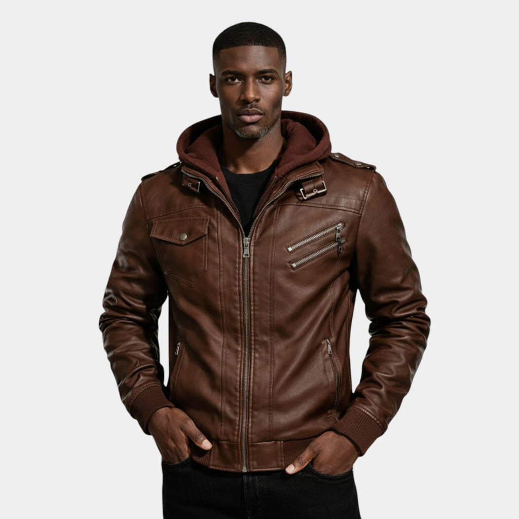 Hooded Vegan Leather Jacket Zip Front Regular Fit for Men
