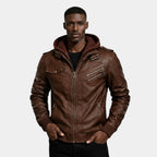 Hooded Vegan Leather Jacket Zip Front Regular Fit for Men
