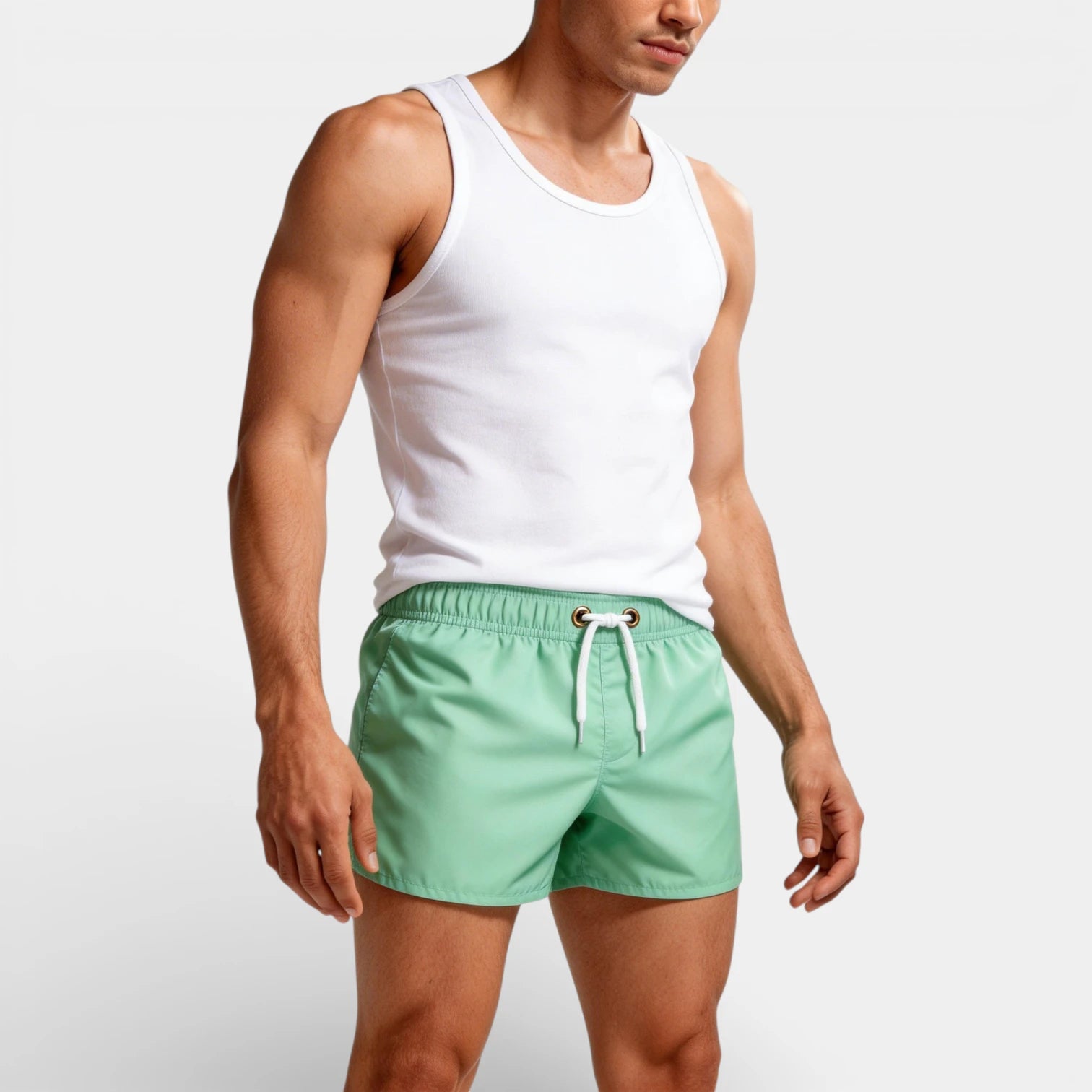 Solid Swim Shorts Elastic Drawstring Waist for Men