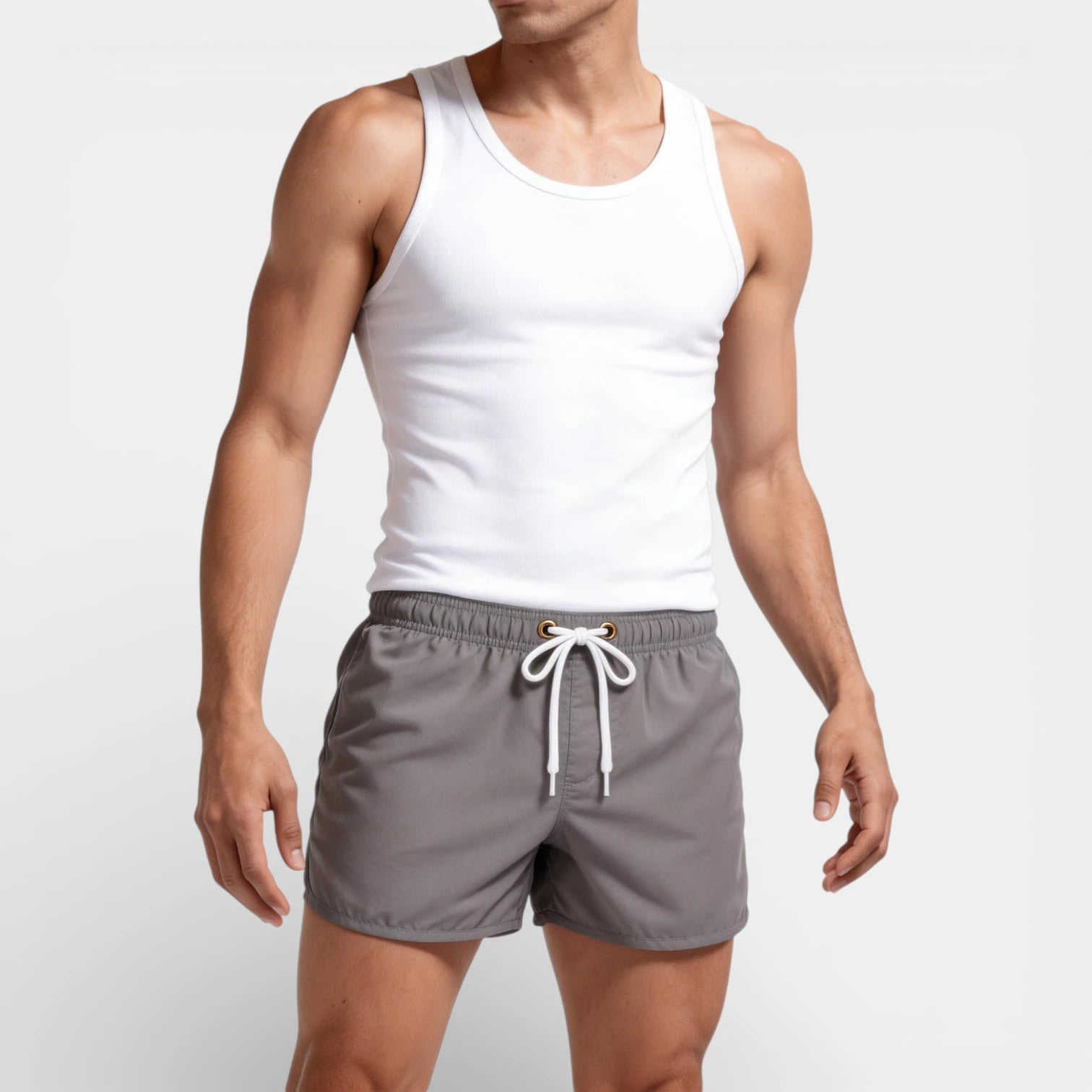 Solid Swim Shorts Elastic Drawstring Waist for Men
