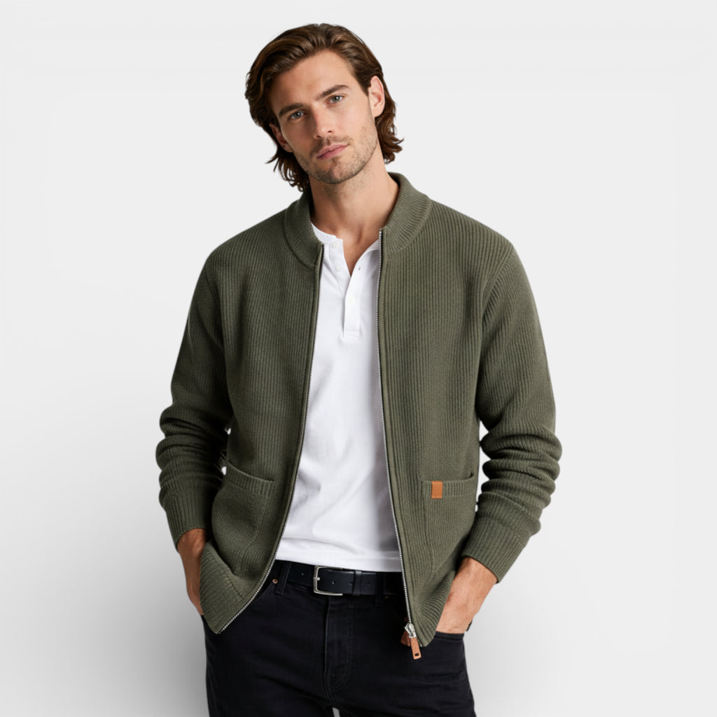 Zip-Up Rib Knit Cardigan Jacket Regular Fit for Men