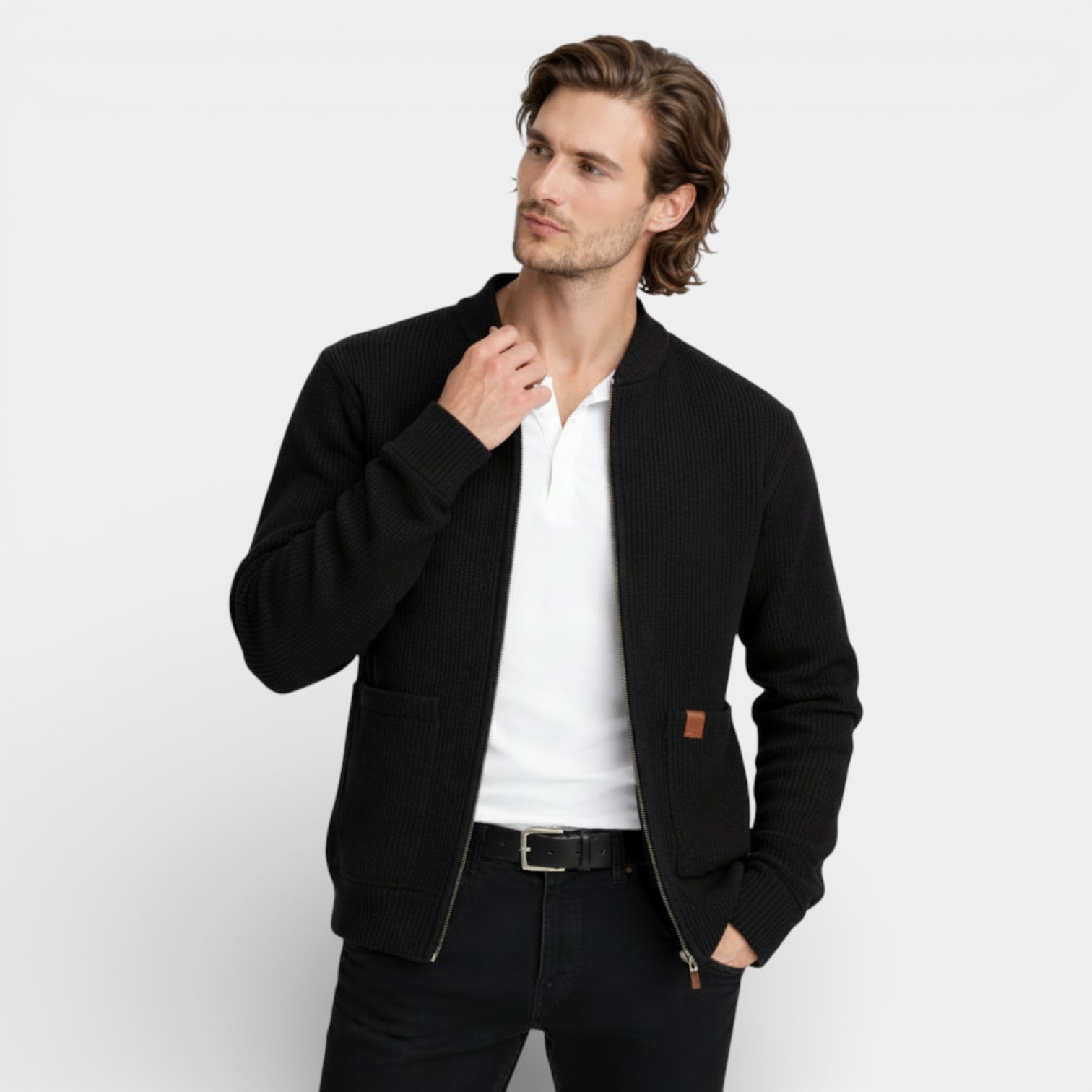 Zip-Up Rib Knit Cardigan Jacket Regular Fit for Men