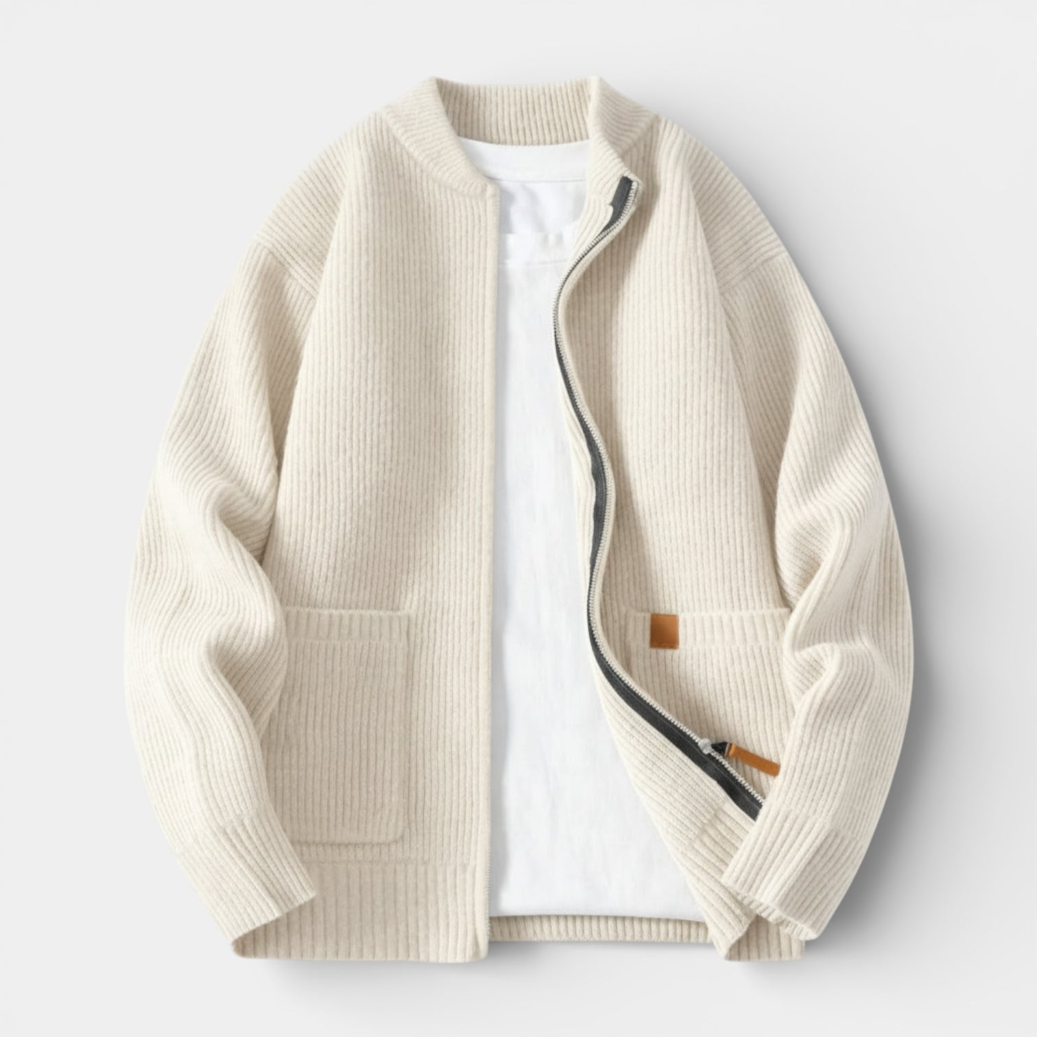 Zip-Up Rib Knit Cardigan Jacket Regular Fit for Men