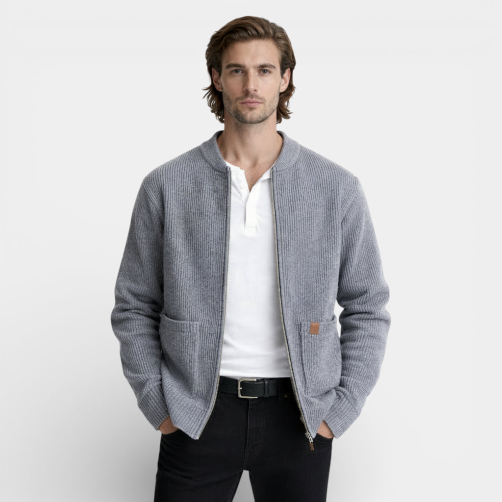 Zip-Up Rib Knit Cardigan Jacket Regular Fit for Men