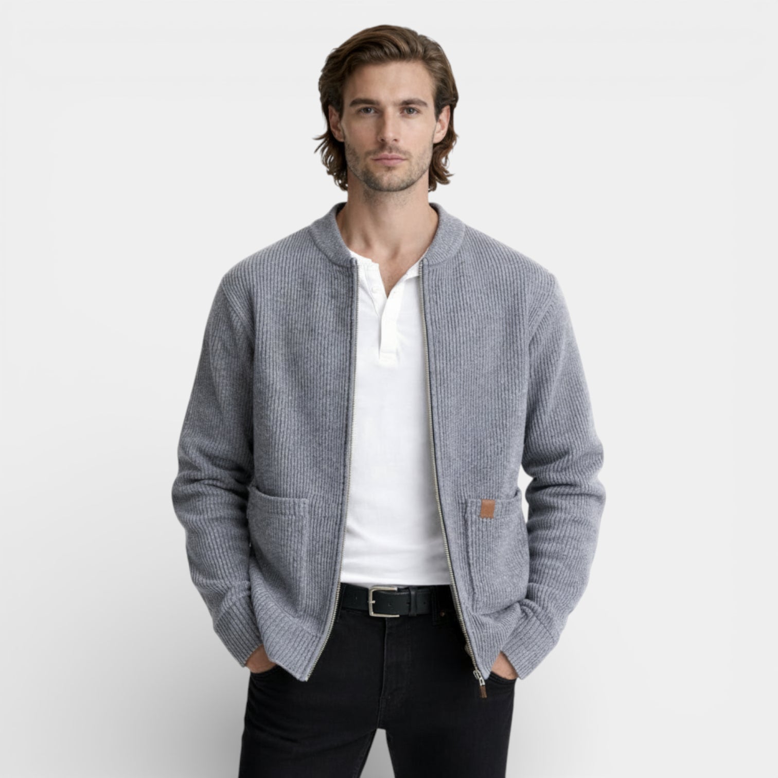 Zip-Up Rib Knit Cardigan Jacket Regular Fit for Men