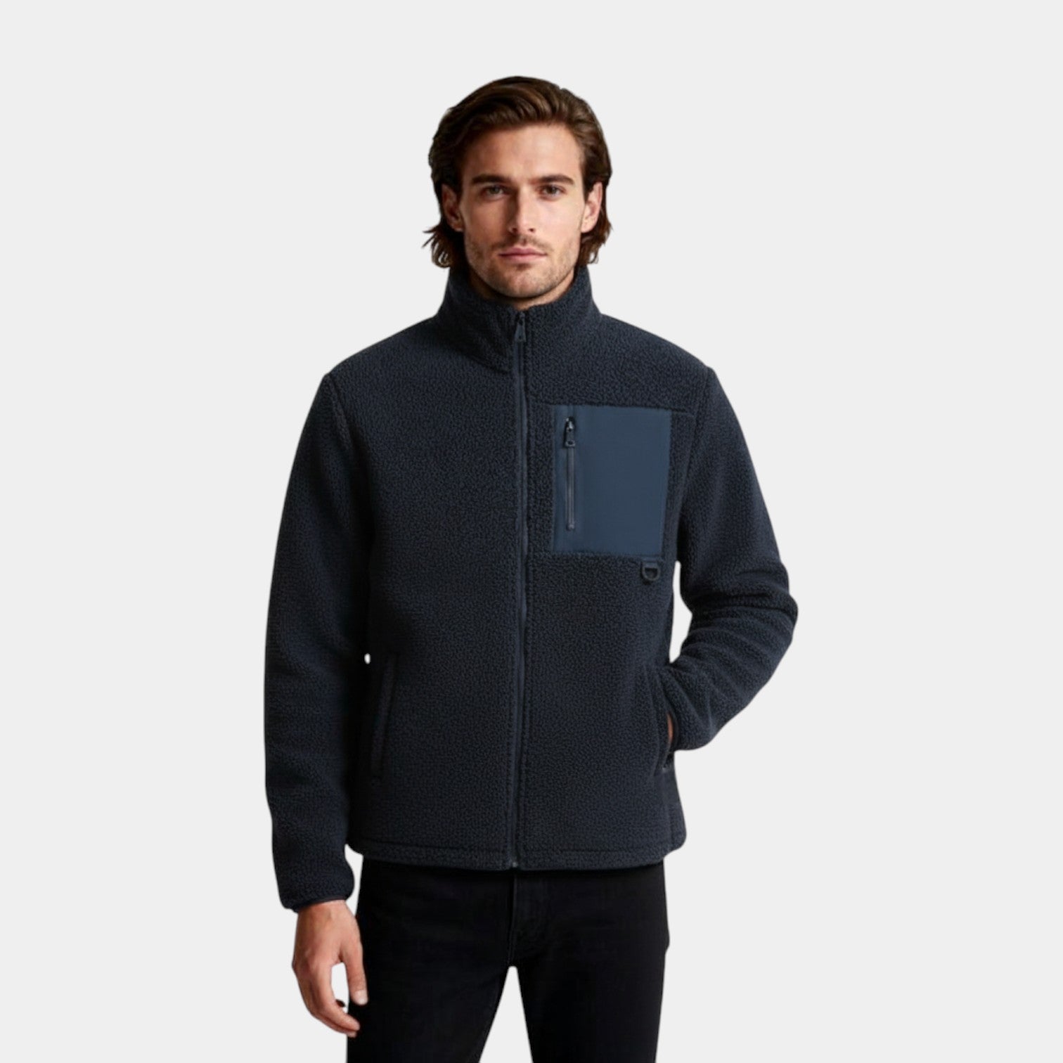 Fleece Full-Zip Stand Collar Jacket Regular Fit for Men