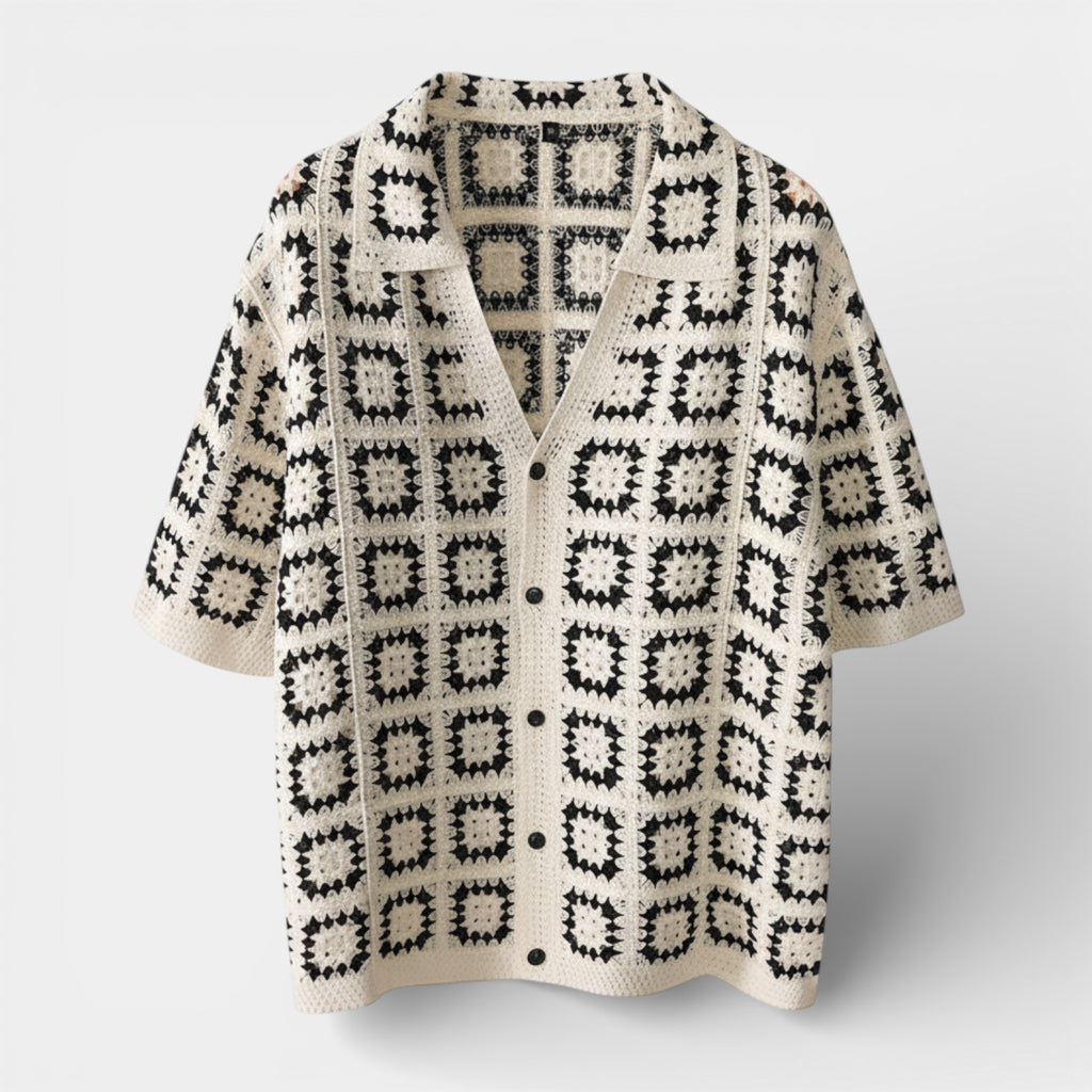 Short Sleeve Knit Shirt Square Pattern Button-Up for Men