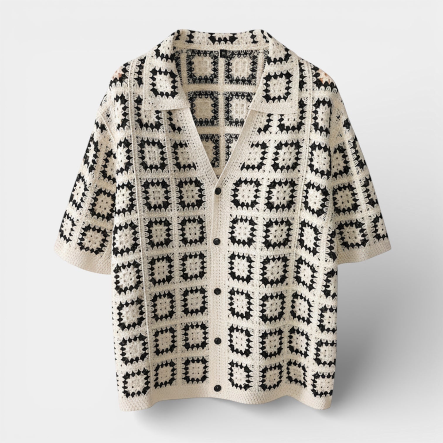 Short Sleeve Knit Shirt Square Pattern Button-Up for Men
