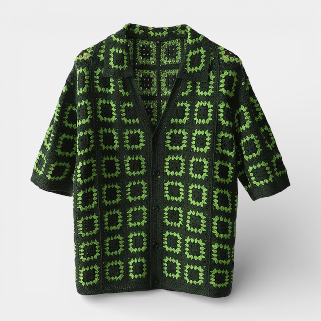 Short Sleeve Knit Shirt Square Pattern Button-Up for Men