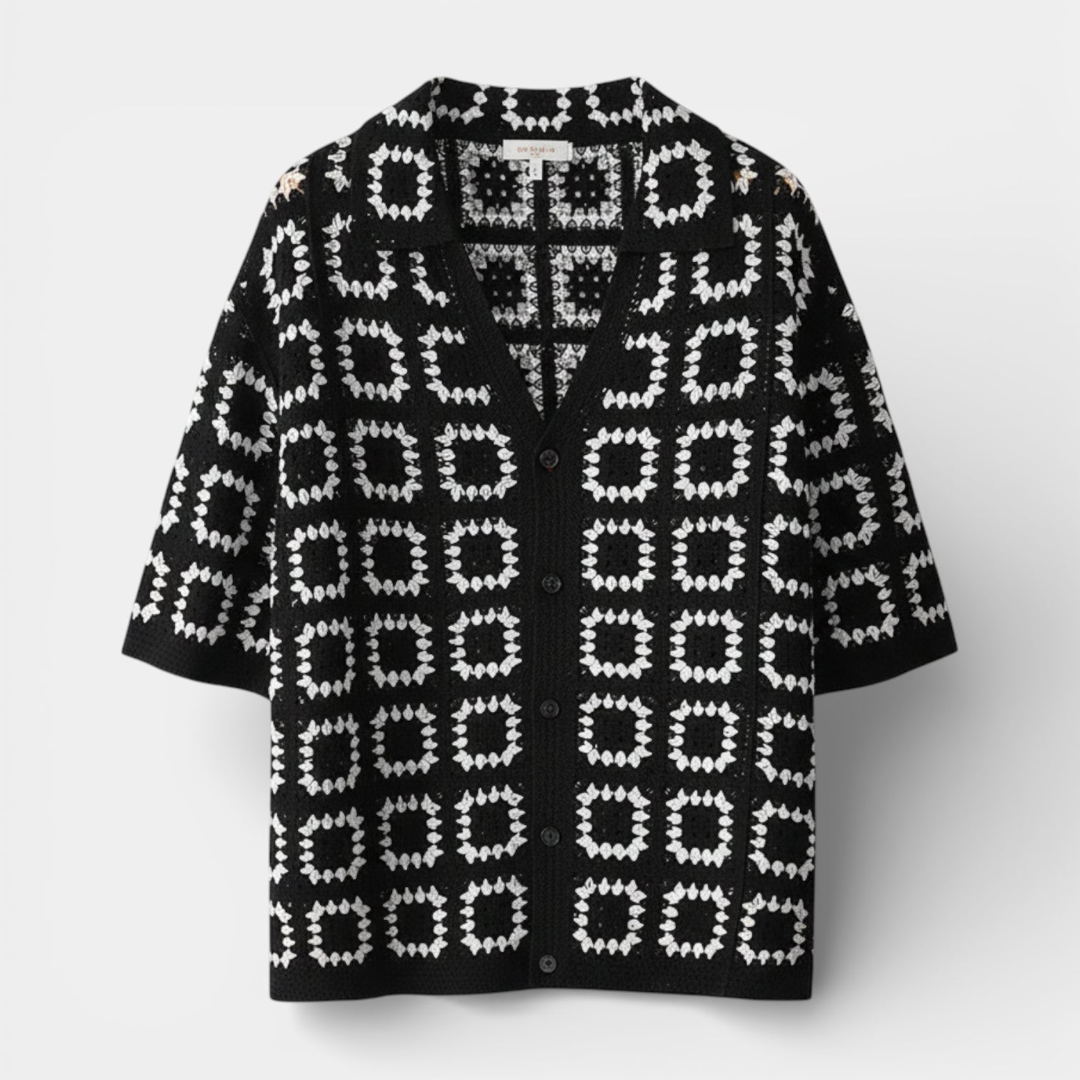 Short Sleeve Knit Shirt Square Pattern Button-Up for Men