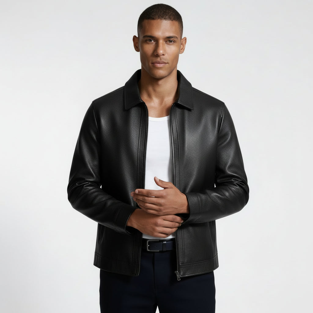 Zip Front Leather Look Jacket Regular Fit for Men