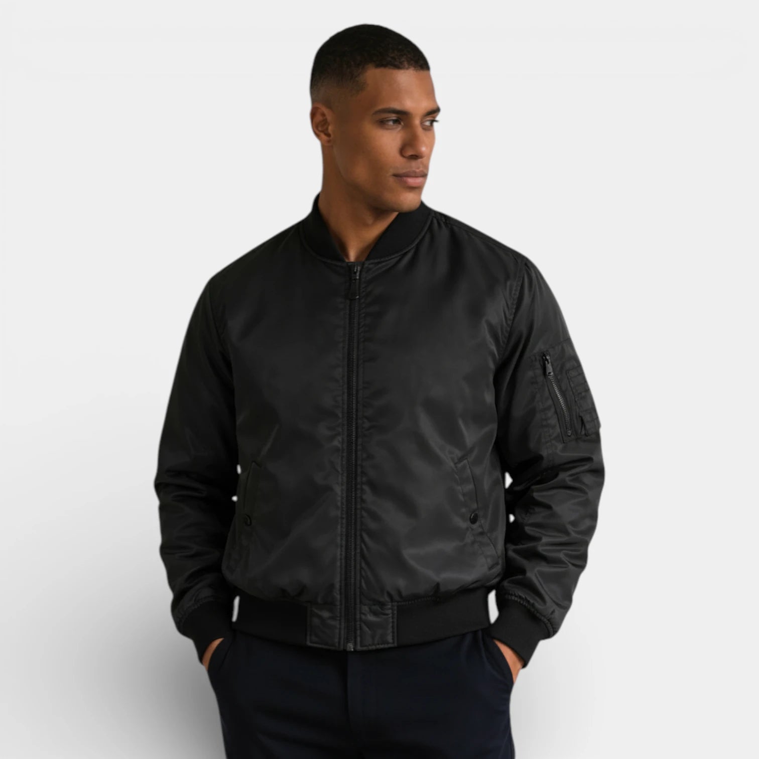 Regular Fit Zip-Up Bomber Jacket Ribbed for Men