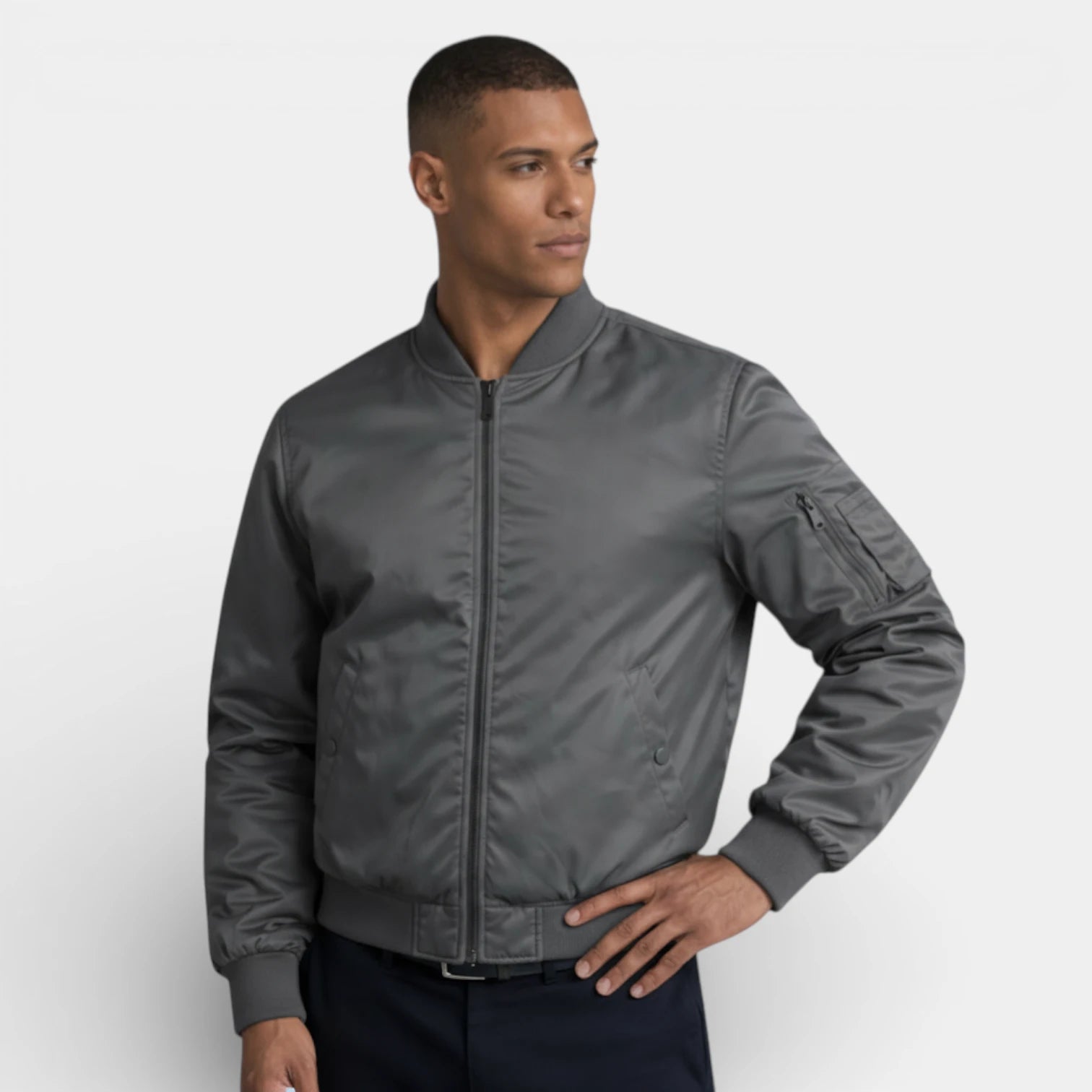 Regular Fit Zip-Up Bomber Jacket Ribbed for Men