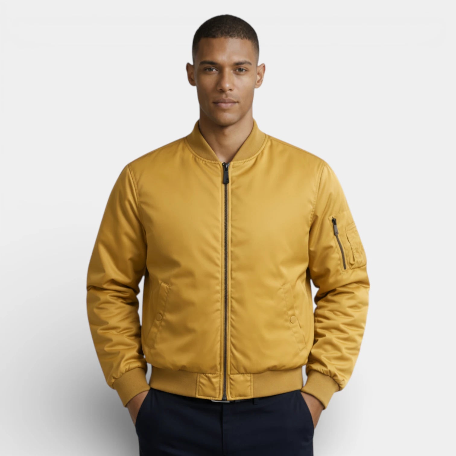 Regular Fit Zip-Up Bomber Jacket Ribbed for Men