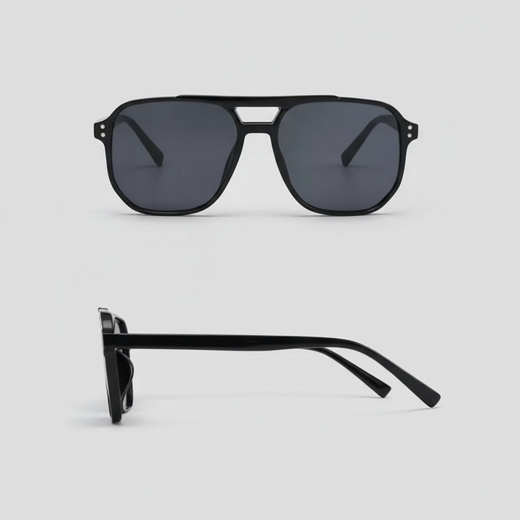 Square Aviator Sunglasses Double Bridge Black Frame for Men