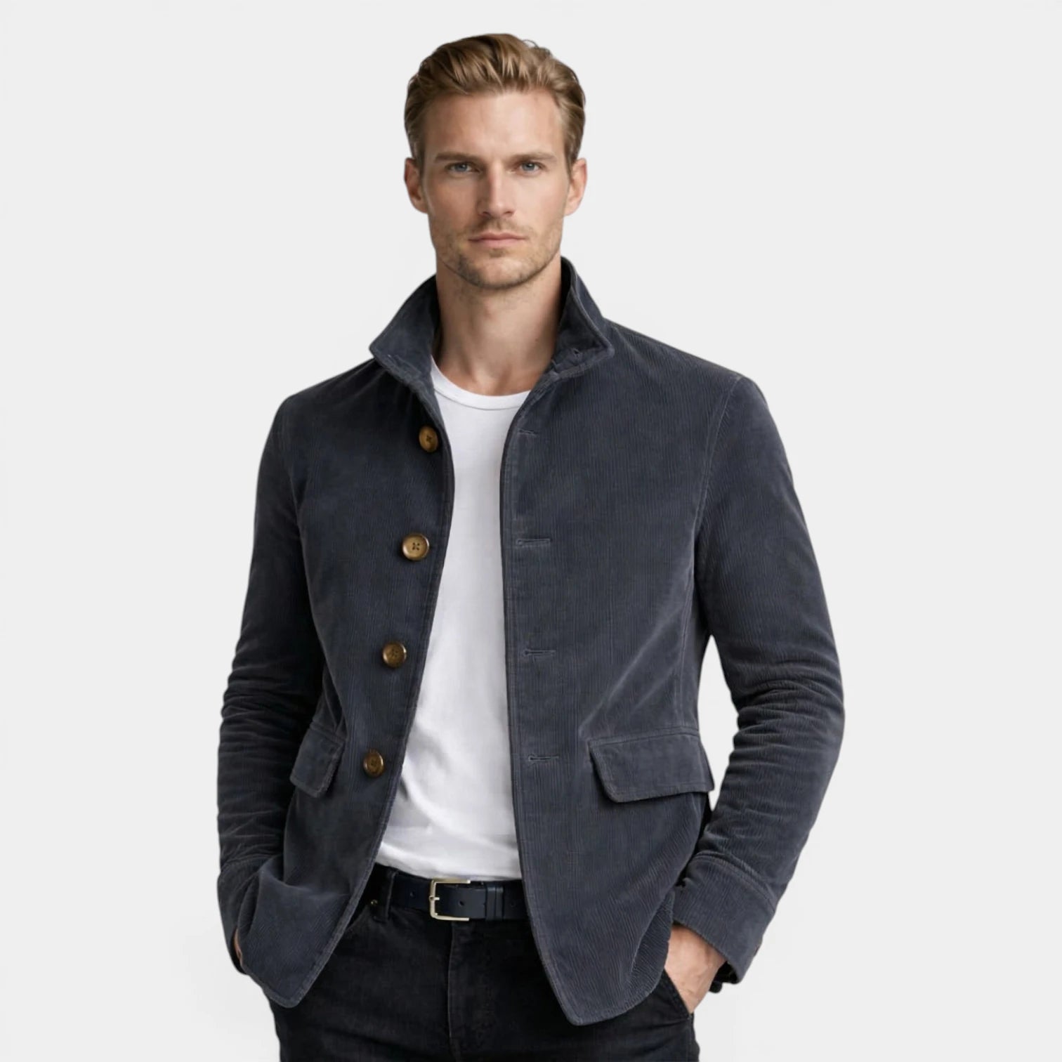 Stand Collar Corduroy Button-Up Jacket Regular Fit for Men