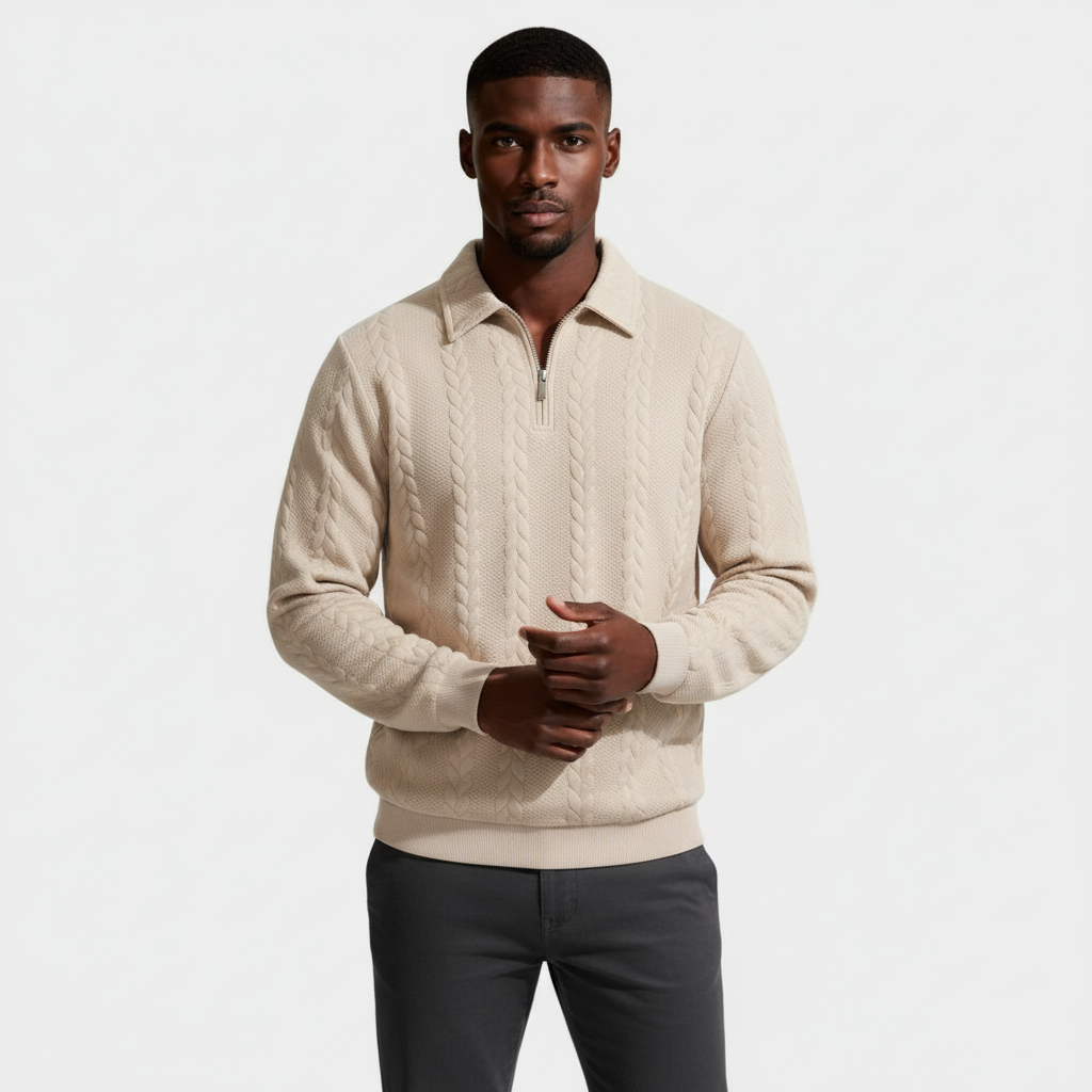 Quarter-Zip Textured Cable Knit Pullover for Men