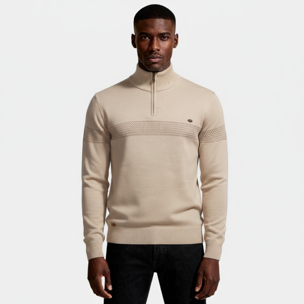 Quarter-Zip Knit Sweater Contrast Stripe Regular Fit for Men
