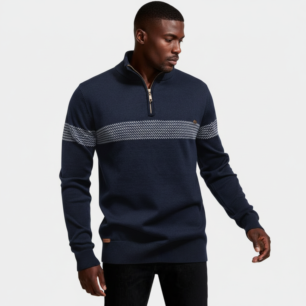 Quarter-Zip Knit Sweater Contrast Stripe Regular Fit for Men