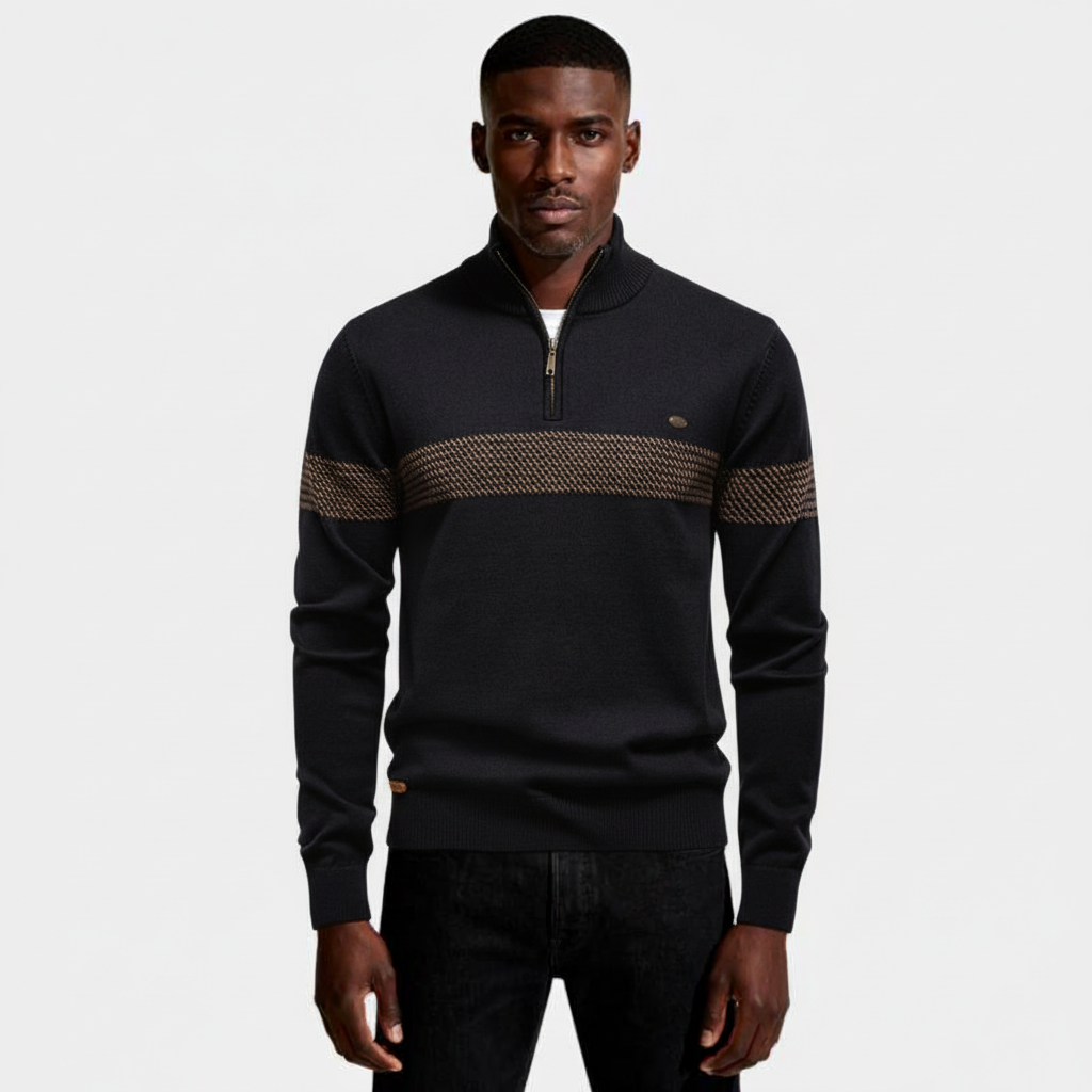 Quarter-Zip Knit Sweater Contrast Stripe Regular Fit for Men