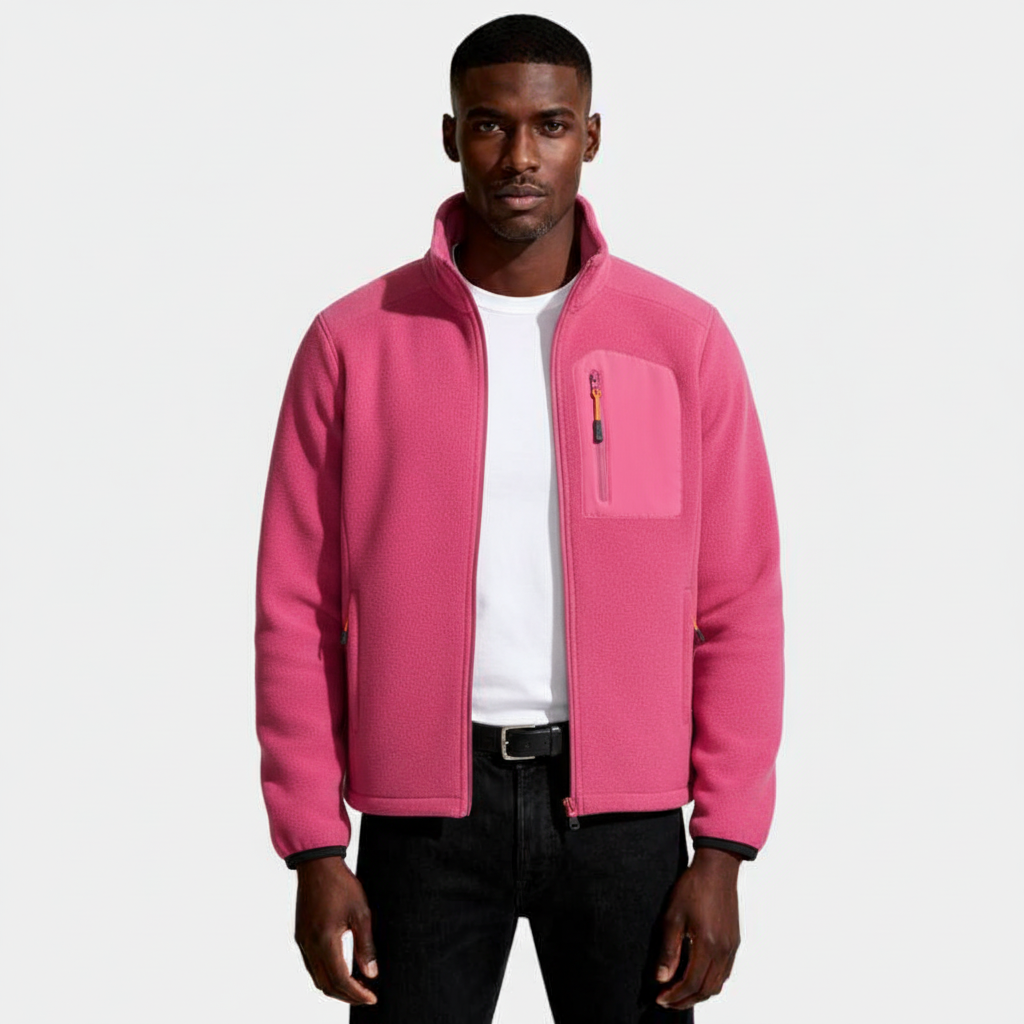 Fleece Full-Zip Jacket Stand Collar Regular Fit for Men