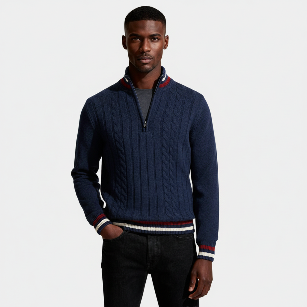 Cable Knit Half-Zip Sweater Ribbed Trim for Men