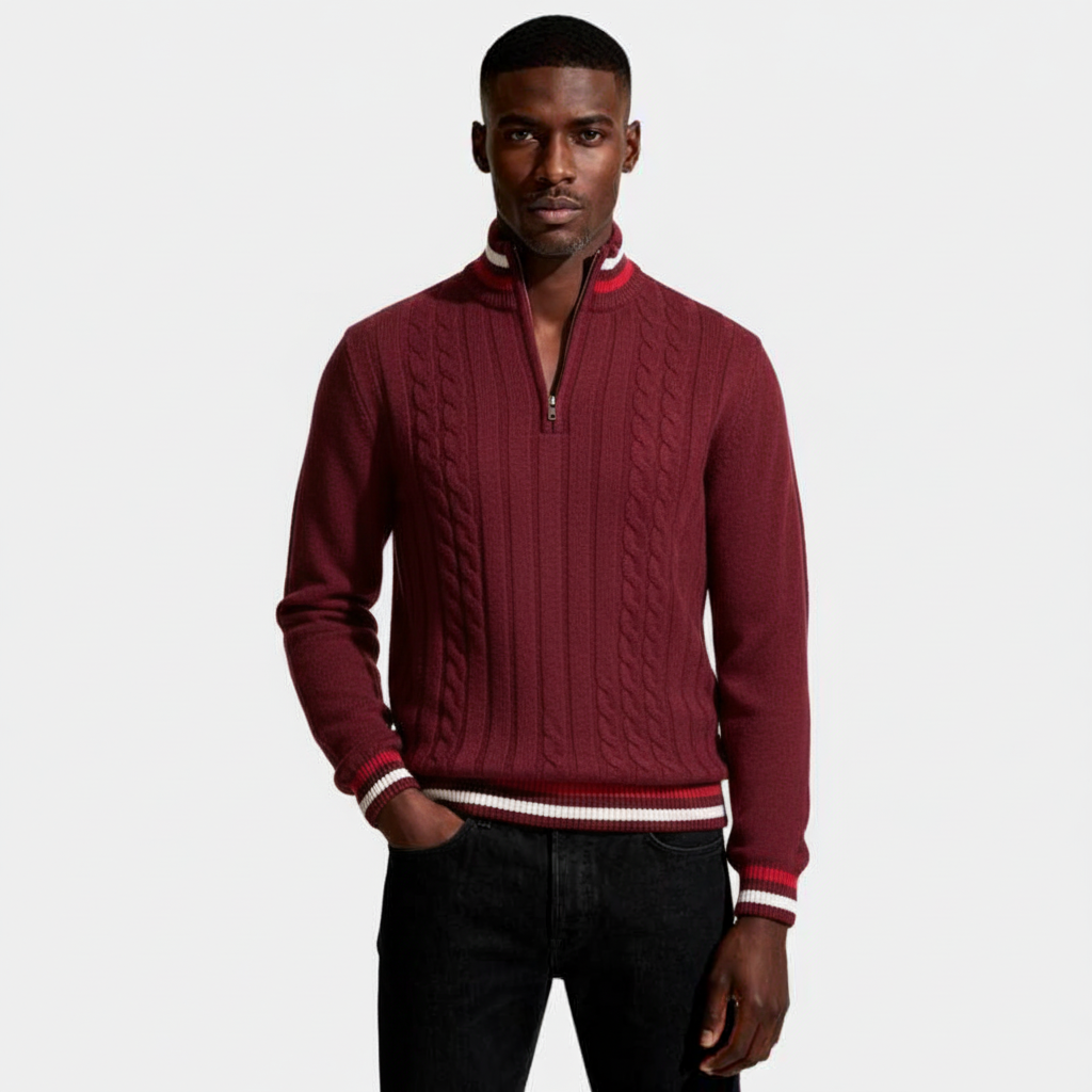 Cable Knit Half-Zip Sweater Ribbed Trim for Men