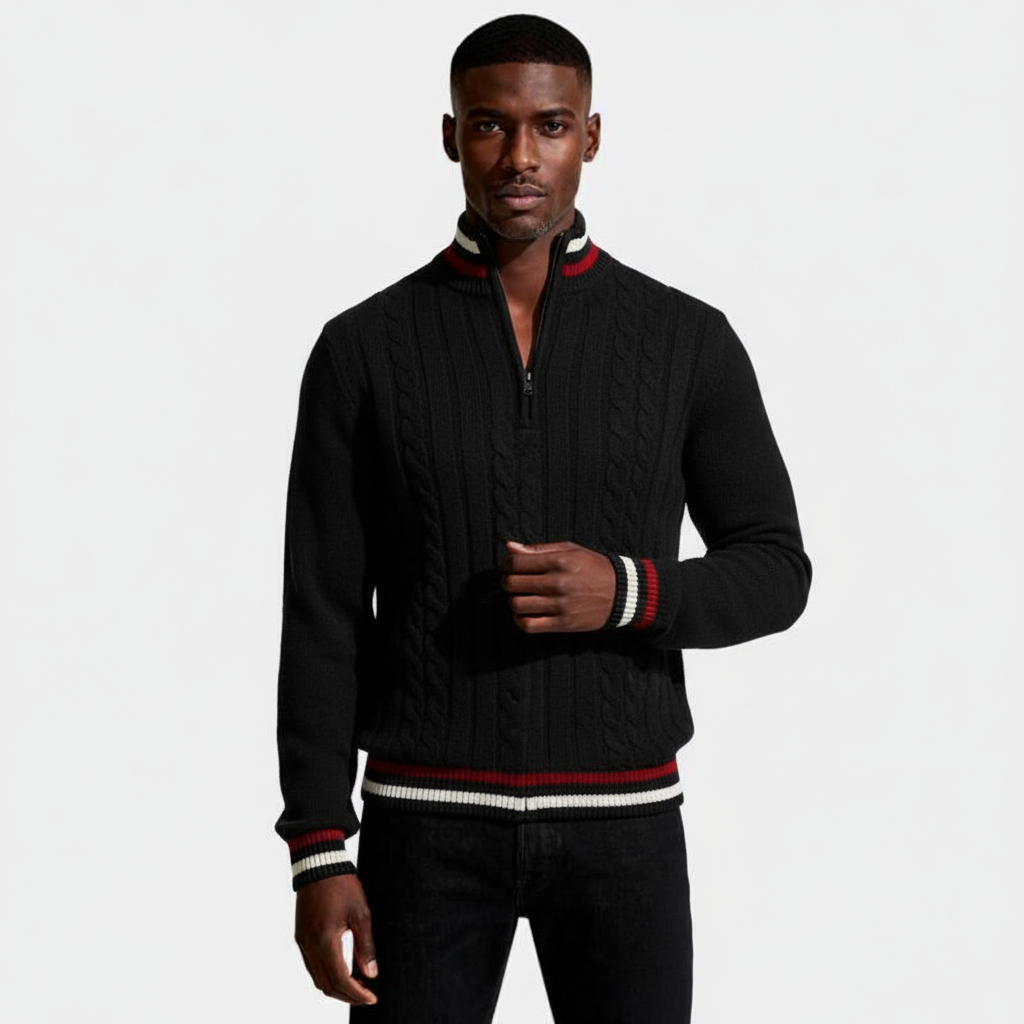 Cable Knit Half-Zip Sweater Ribbed Trim for Men