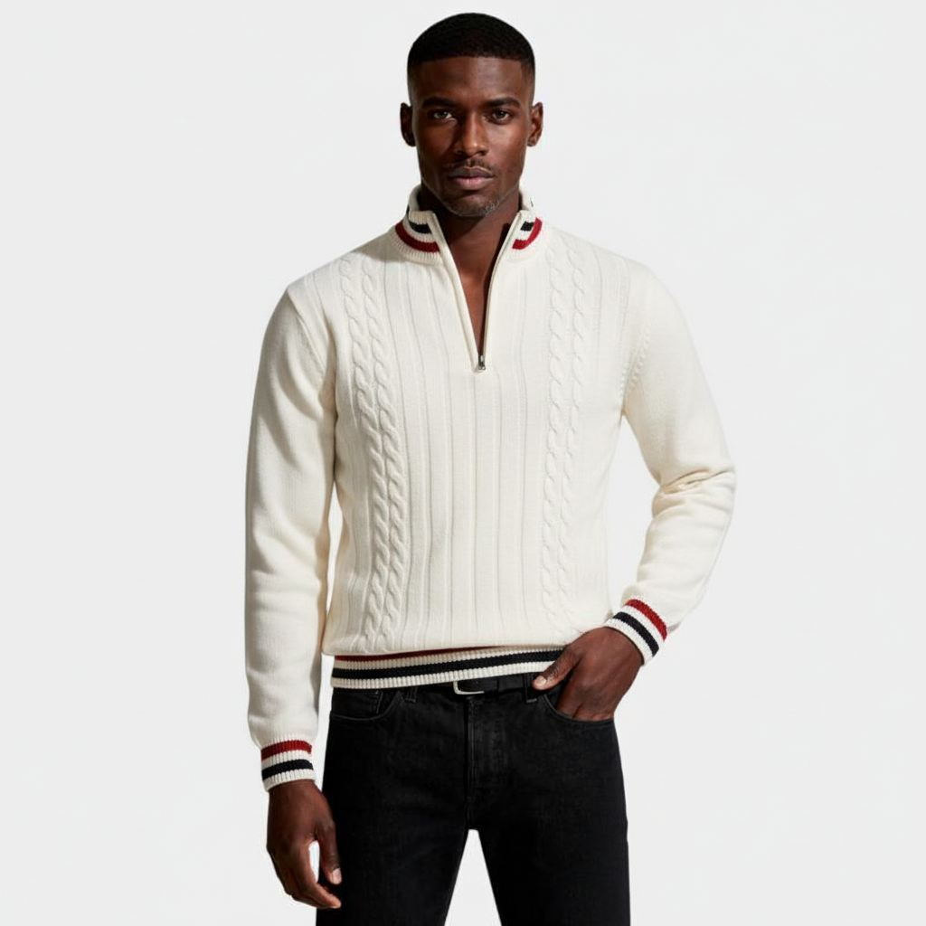 Cable Knit Half-Zip Sweater Ribbed Trim for Men