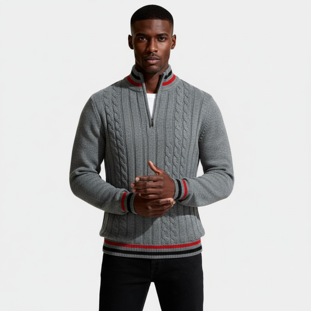 Cable Knit Half-Zip Sweater Ribbed Trim for Men