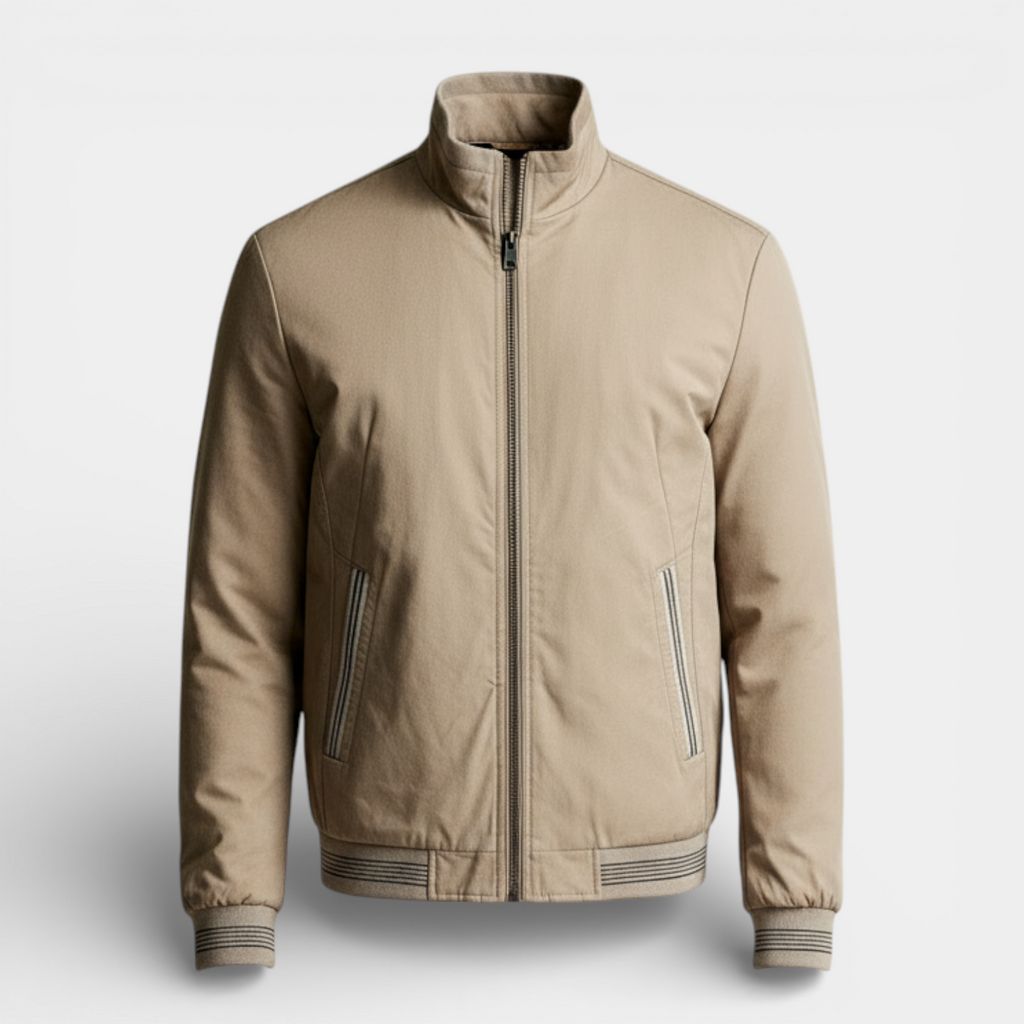 Zip-Up Stand Collar Jacket Ribbed Trim for Men