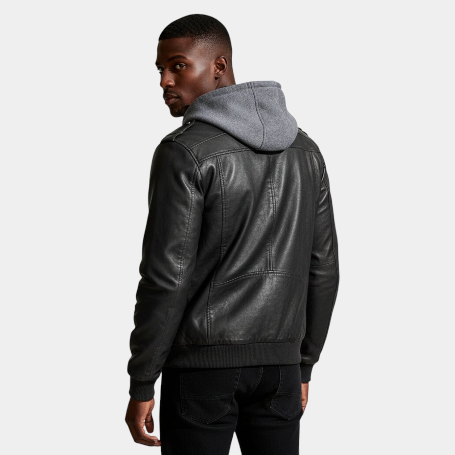 Hooded Vegan Leather Jacket Zip Front Regular Fit for Men