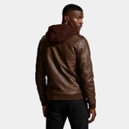 Hooded Vegan Leather Jacket Zip Front Regular Fit for Men