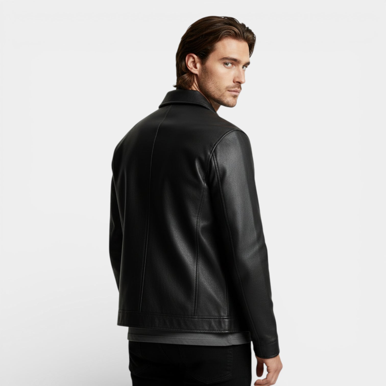 Zip-Front Vegan Leather Jacket Regular Fit for Men