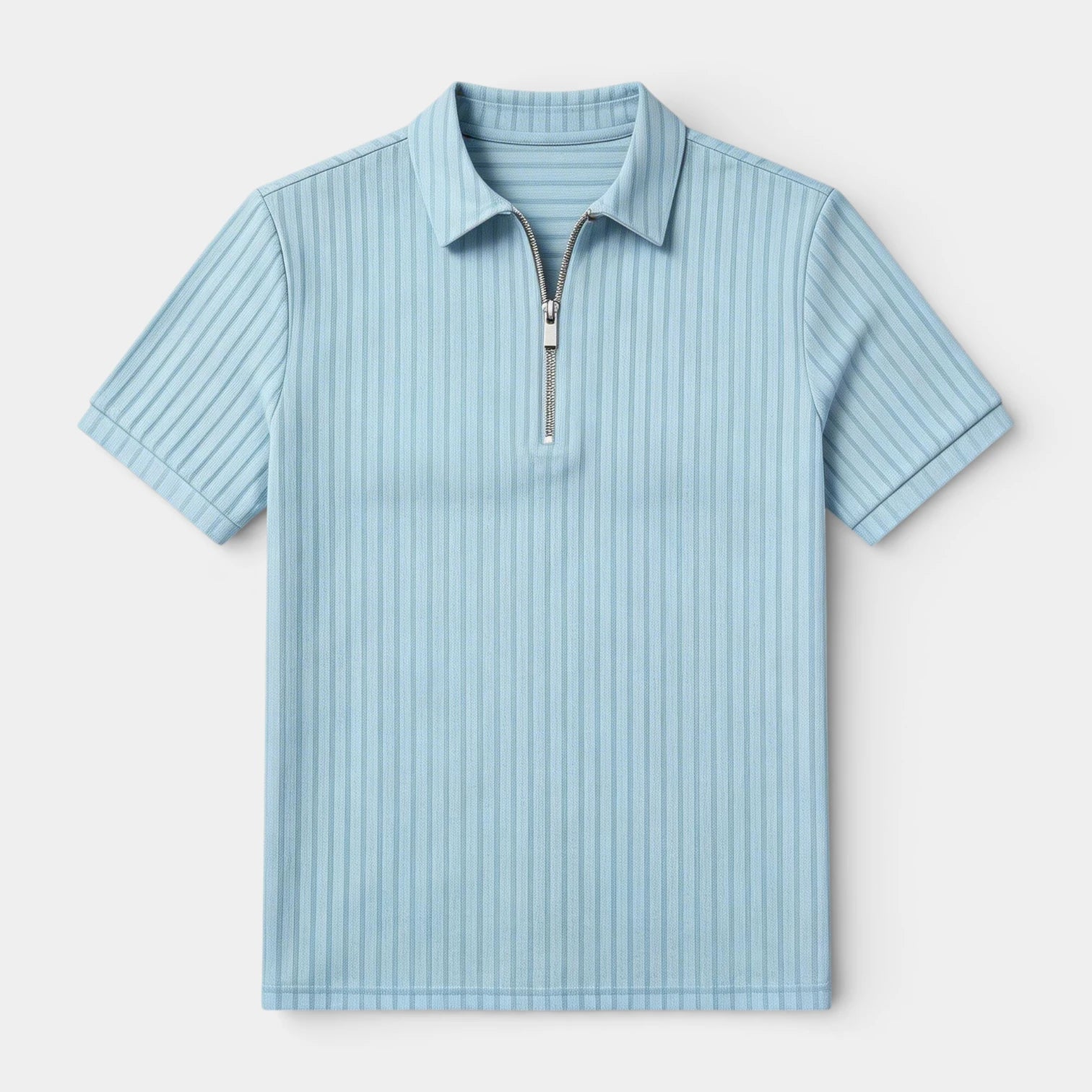 Ribbed Knit Zip Polo Shirt Short Sleeve Regular Fit for Men