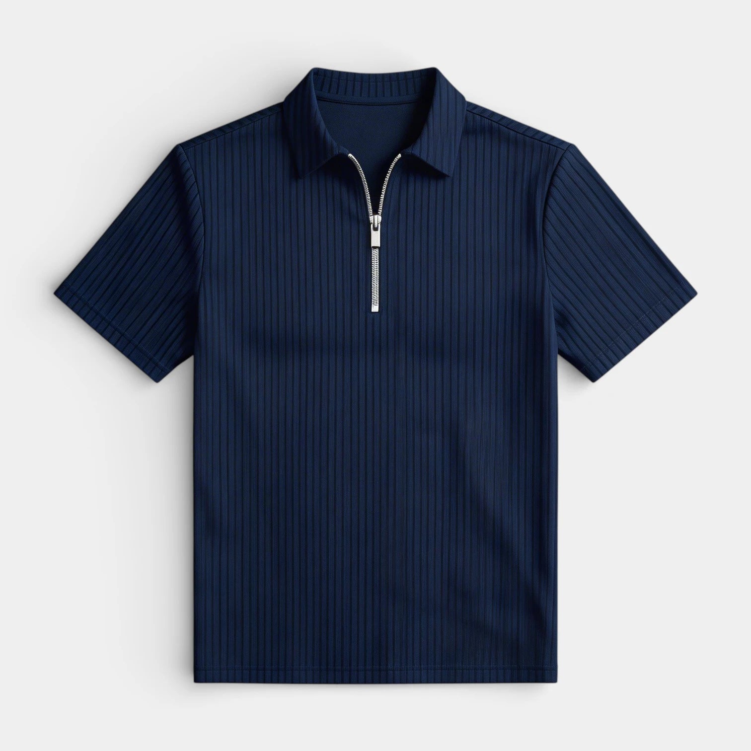 Ribbed Knit Zip Polo Shirt Short Sleeve Regular Fit for Men