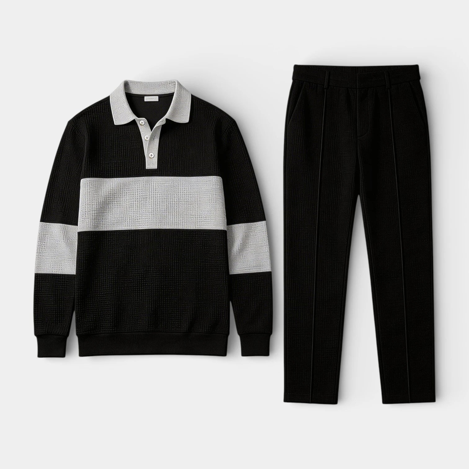 Waffle Knit Color Block Polo Sweatshirt Pants Set for Men