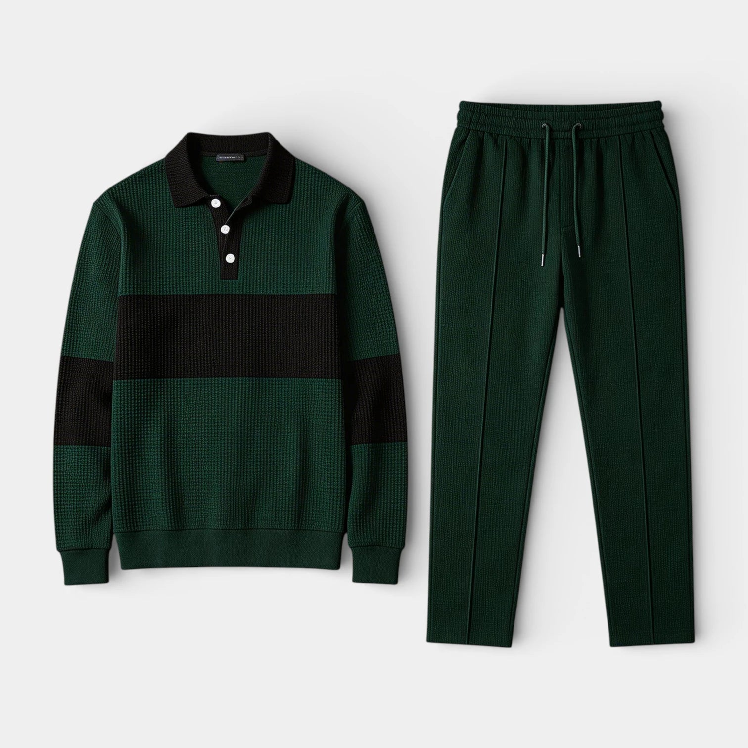 Waffle Knit Color Block Polo Sweatshirt Pants Set for Men