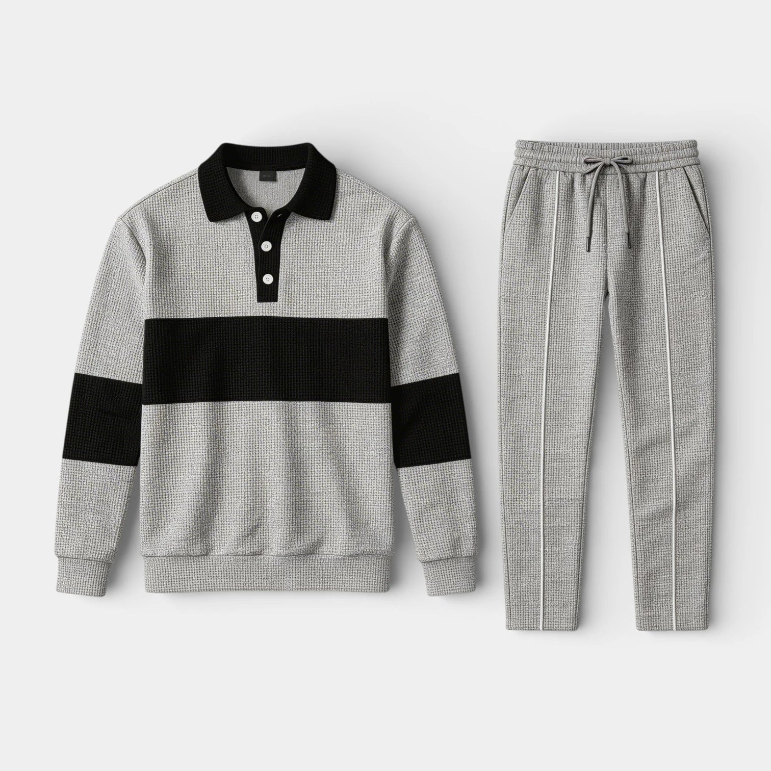 Waffle Knit Color Block Polo Sweatshirt Pants Set for Men