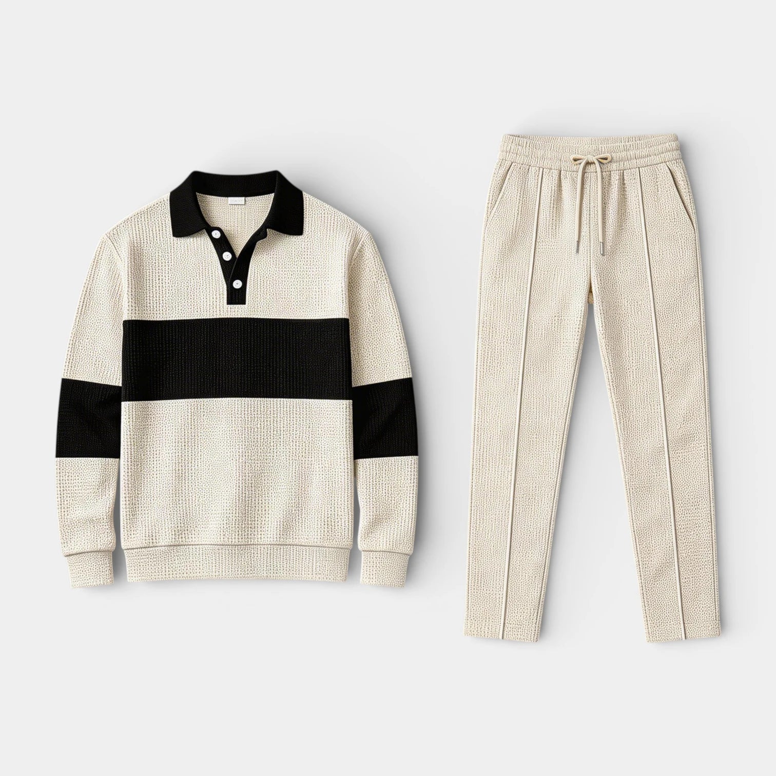 Waffle Knit Color Block Polo Sweatshirt Pants Set for Men