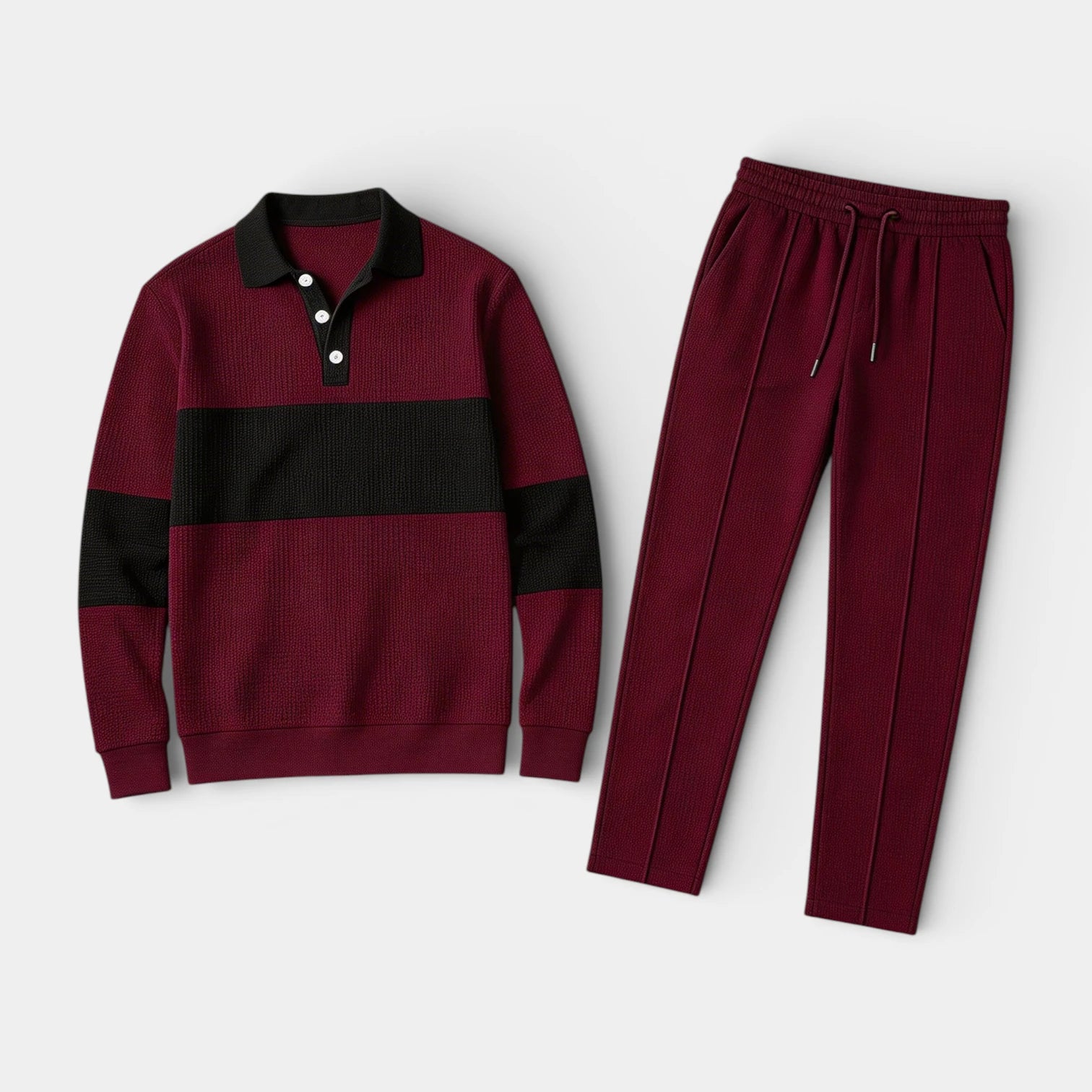 Waffle Knit Color Block Polo Sweatshirt Pants Set for Men