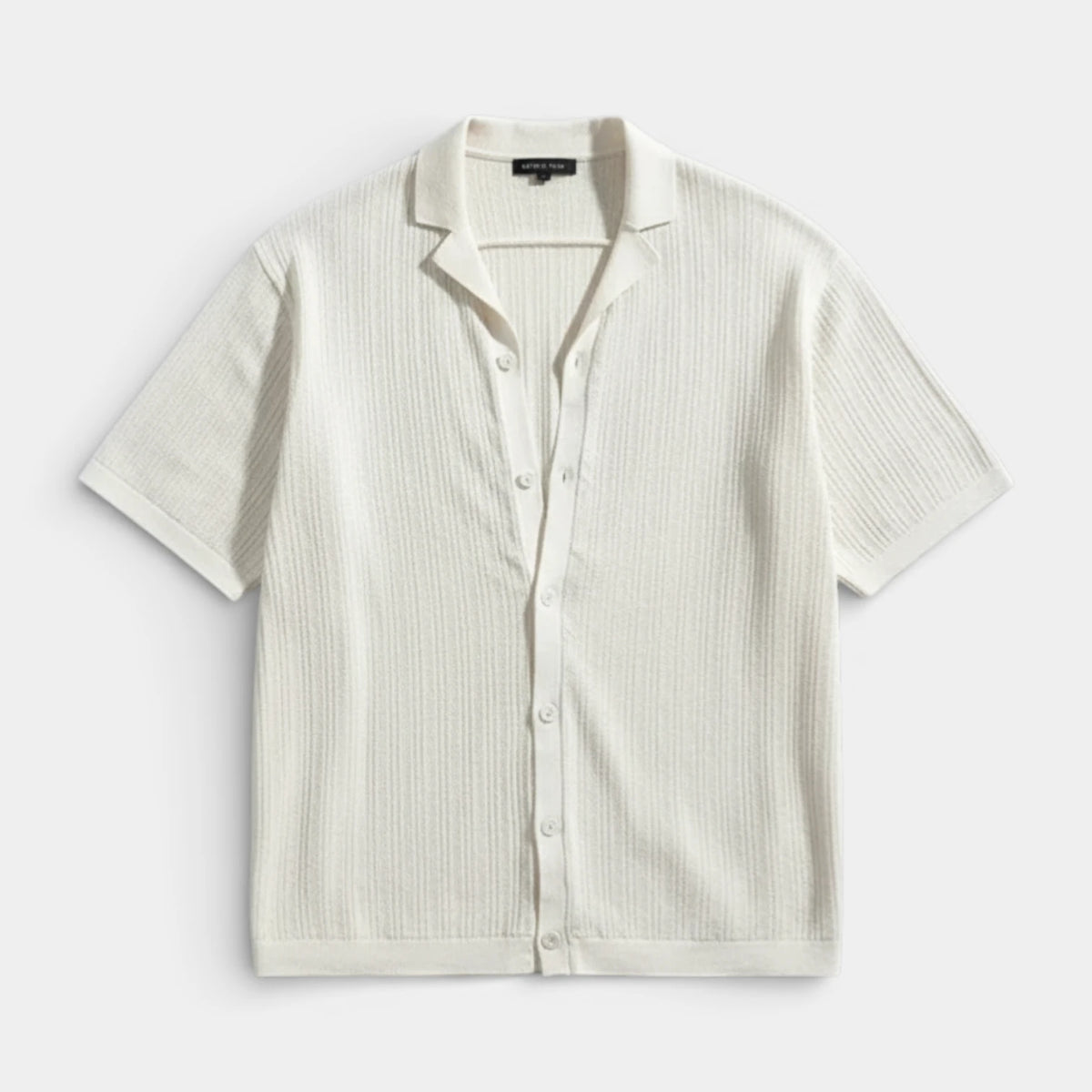 Ribbed Knit Short Sleeve Button-Up Camp Collar for Men