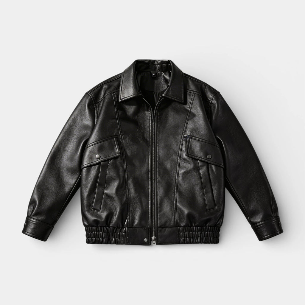 Zip Front Leather Look Jacket Chest Pockets for Men