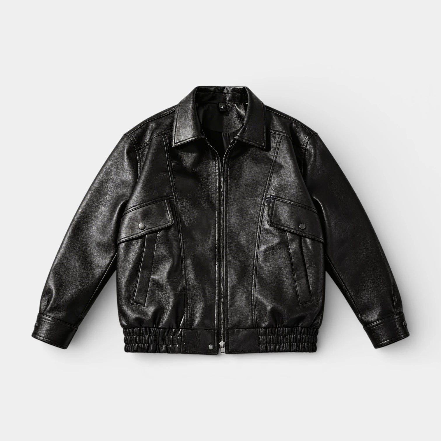 Zip Front Leather Look Jacket Chest Pockets for Men