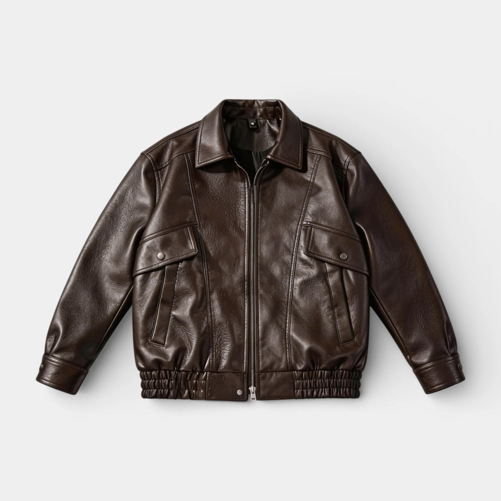 Zip Front Leather Look Jacket Chest Pockets for Men