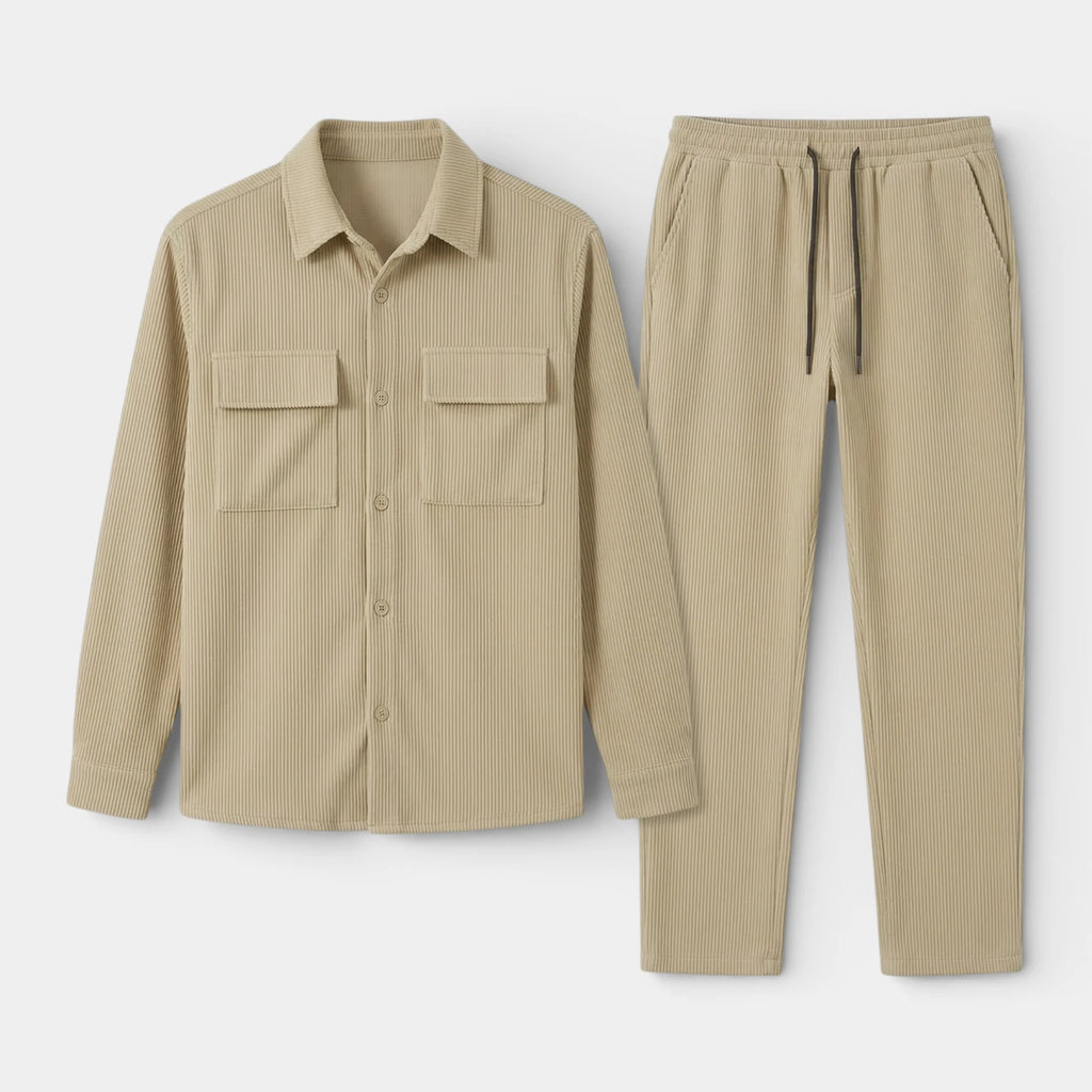 Ribbed Texture Button-Up Shirt Pants Set for Men